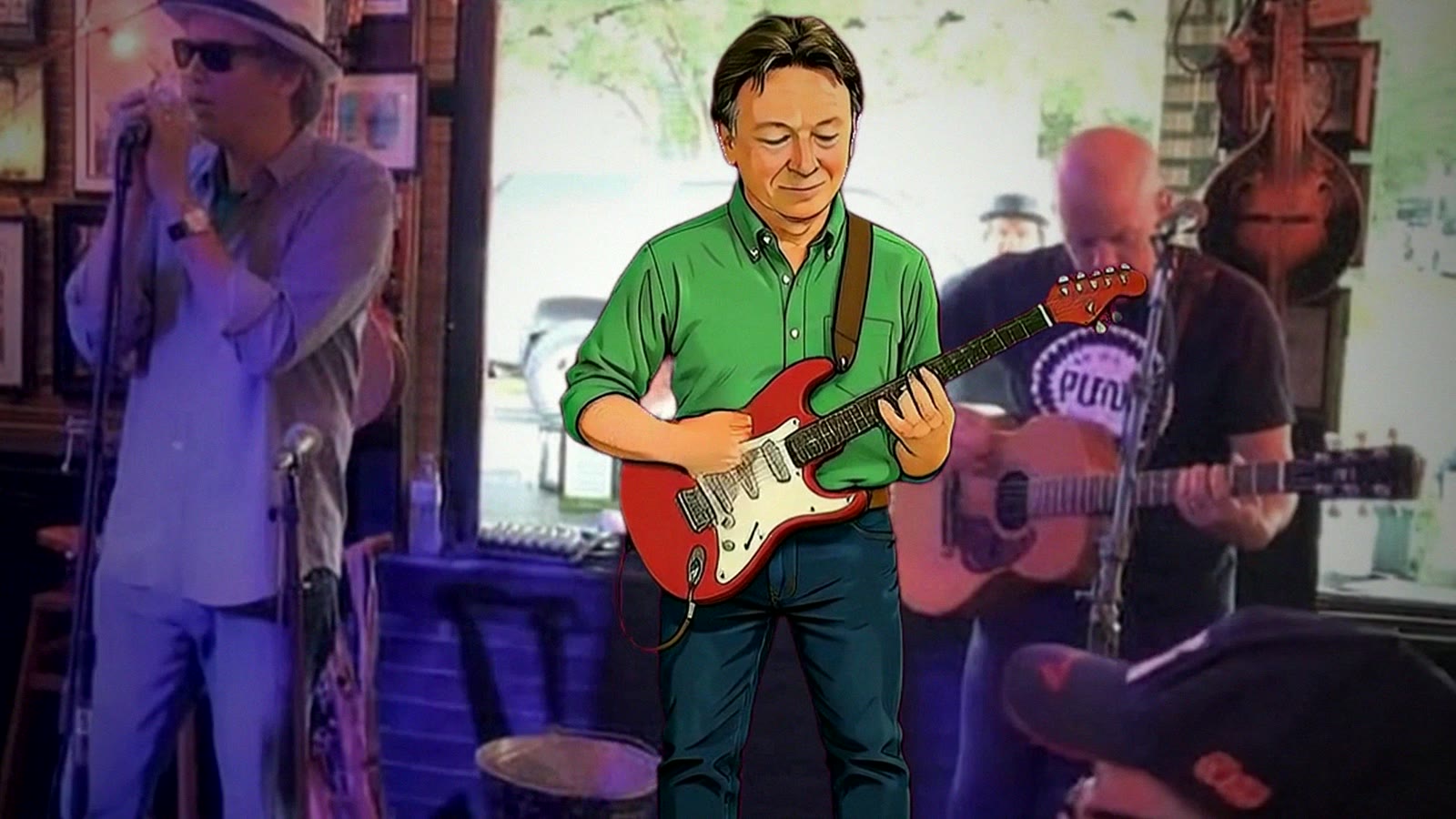 Cartoon Steve with a red electric guitar, sitting in with the band at Callaghan's