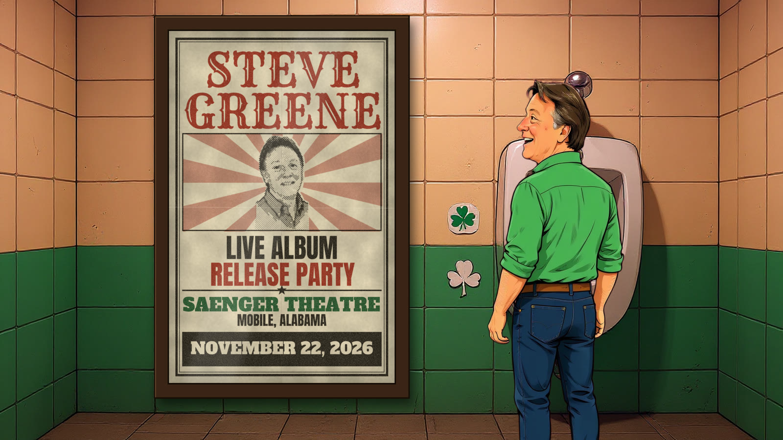 Cartoon Steve in the men's room at Callaghan's, grinning at his own release party poster on the wall