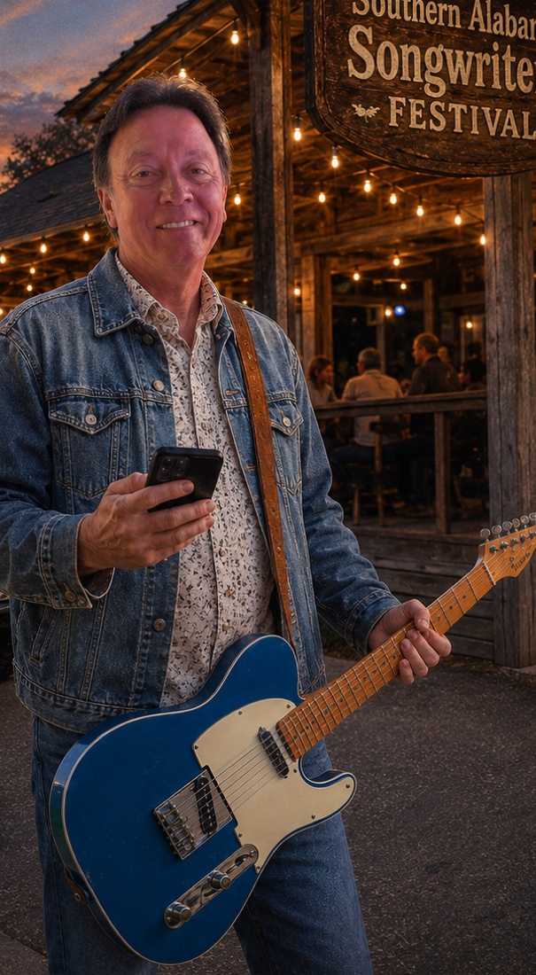 Steve Greene with his guitar at the Southern Alabama Songwriters Festival